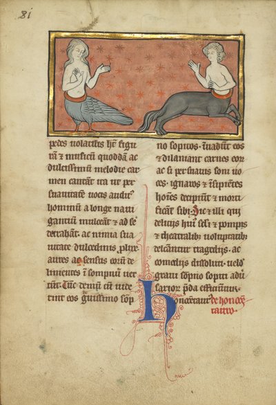 兽人路德维希十五世（Ludwig XV 4）的警笛和半人马座，如下。 81v，c.1280-1300（蛋彩画，笔和墨水，金箔和羊皮纸上的颜料） 作者 佛朗哥佛兰德学校