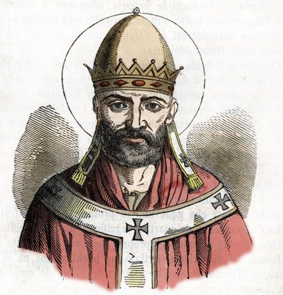 教皇达马苏斯一世（305-384 年）肖像，取材于 Franco Mistrali 1843 年创作的《I misteri del vaticano》。 作者 佛朗哥·米斯特拉利