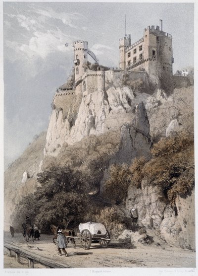 莱茵斯坦城堡。 在《雄伟而风景如画的莱茵河》中。 Fourmais 和 Stroobant 的石版画 作者 弗朗索瓦·斯特罗邦（Francois Stroobant）