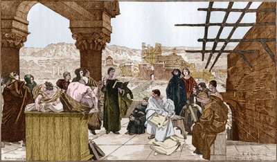 皮埃尔-阿贝拉尔（Pierre Abelard）（1079-1142），法国哲学家和神学家，以及他在圣热纳维夫山上的学校。来自弗朗索瓦-弗拉芒的壁画。 作者 弗朗索瓦（后）弗拉门