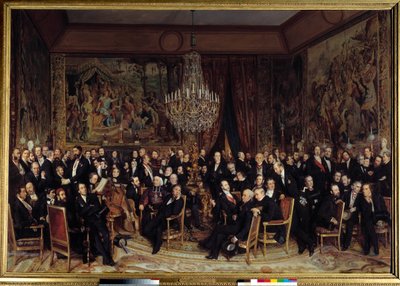 与纽瓦克伯爵在卢浮宫的夜晚 礼物中包括Francois Marcellin Certain de Canrobert（1809-1895）、Eugene Delacroix（1798-1863）、Camille Doucet（1812-1895）、Jacques Fromental Levy dit Halevy（1799-1862）、Baron Georges Haussmann( 作者 弗朗索瓦·奥古斯特·比亚尔