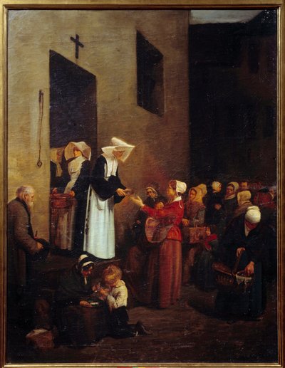Charity. Nuns distribute food to the poor on the street. Painting by Francois Bonvin (1817-1887) 作者 François Bonvin