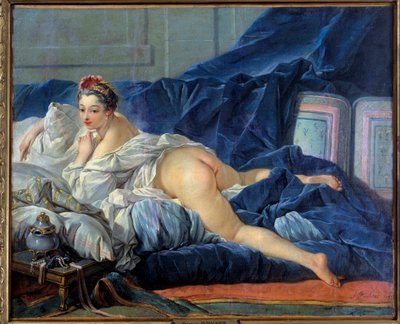 这位宫廷女郎正坐在沙发上。 弗朗索瓦·布歇 (Francois Boucher) (1703-1770) 的画作，1752 年兰斯艺术博物馆 作者 弗朗索瓦·布歇