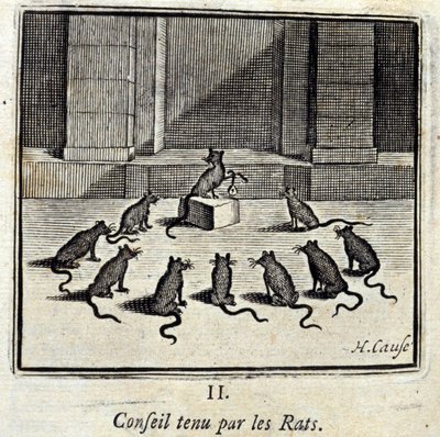 Board held by the Rats. Fables by Jean de La Fontaine (1621-95). Illustration by François Chauveau (1613-1676). Edition of 1728. 作者 弗朗索瓦·夏维