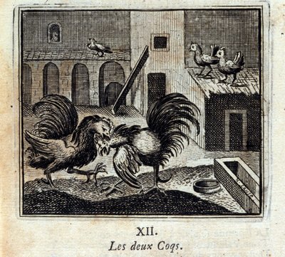 两只鸡。Jean de La Fontaine (1621-95)的寓言。插图：François Chauveau（1613-1676）。1728年的版本。 作者 弗朗索瓦·夏维