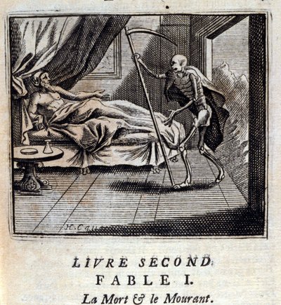死亡与垂死。Jean de La Fontaine (1621-95)的寓言。插图：François Chauveau（1613-1676）。1728年的版本。 作者 弗朗索瓦·夏维