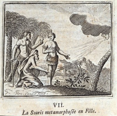 La Souris蜕变成一个女孩。Jean de La Fontaine（1621-95）的寓言。插图由François Chauveau（1613-1676）绘制。1728年的版本。 作者 弗朗索瓦·夏维