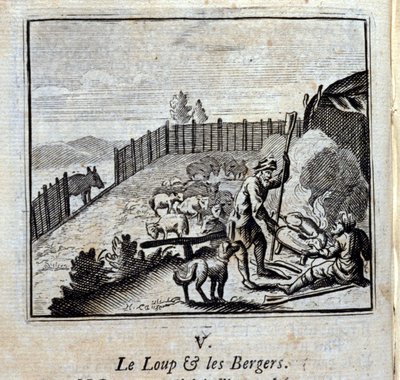 让-德-拉封丹（1621-95）的《狼与牧羊人寓言》。插图：弗朗索瓦-肖沃（1613-1676）。1728年的版本。 作者 弗朗索瓦·夏维