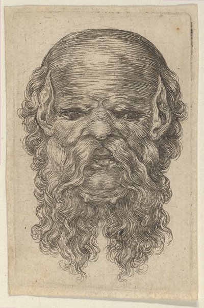 秃头男子的面具，有尖尖的耳朵和长长的分叉胡须，来自Divers Masques，约1635-45。 作者 弗朗索瓦·夏维