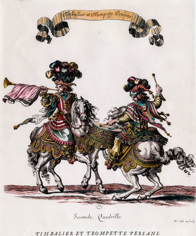 国王路易十四（1639-1715）赠送的旋转木马中的波斯定音鼓和小号 雕刻：弗朗索瓦-肖沃（1613-1676）约1662年 私人收藏 作者 弗朗索瓦·夏维