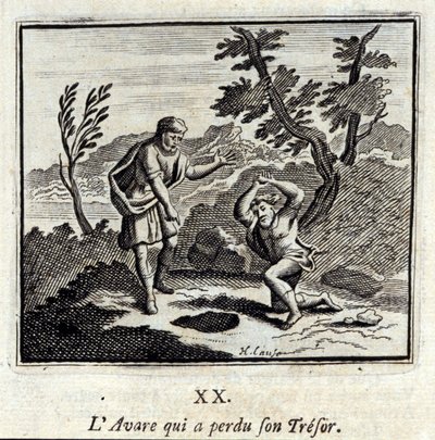 Avare失去了他的Tresor.Jean de La Fontaine（1621-95）的寓言。插图：François Chauveau（1613-1676）。1728年的版本。 作者 弗朗索瓦·夏维