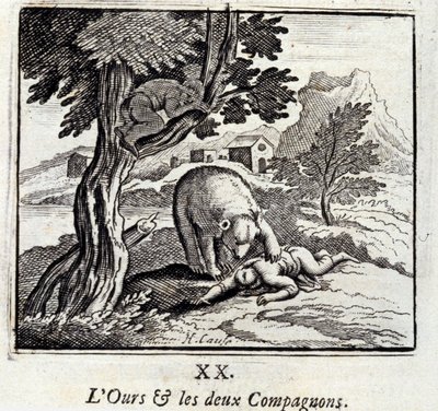 熊和两个同伴。Jean de La Fontaine (1621-95)的寓言。插图：François Chauveau（1613-1676）。1728年的版本。 作者 弗朗索瓦·夏维
