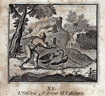 鸟儿、周围和Alouette。Jean de La Fontaine (1621-95)的寓言。插图：François Chauveau（1613-1676）。1728年的版本。 作者 弗朗索瓦·夏维