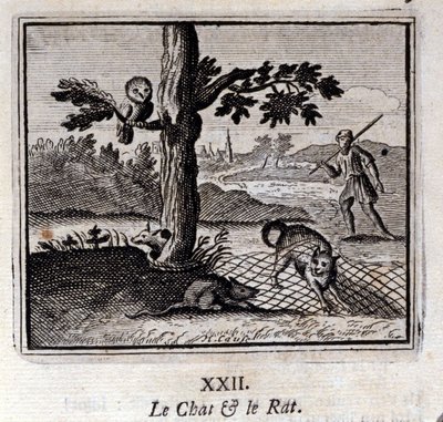 猫和老鼠》。Jean de La Fontaine (1621-95)的寓言。插图：François Chauveau（1613-1676）。1728年的版本。 作者 弗朗索瓦·夏维