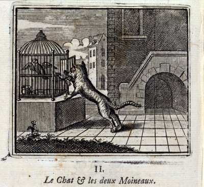 猫和两只麻雀》（The Cat and the Two Ssparrows）。Jean de La Fontaine (1621-95)的寓言。插图：François Chauveau（1613-1676）。1728年的版本。 作者 弗朗索瓦·夏维