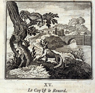 库克和狐狸。Jean de La Fontaine (1621-95)的寓言。插图由François Chauveau（1613-1676）绘制。1728年的版本。 作者 弗朗索瓦·夏维