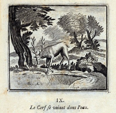鹿在水中看到自己。Jean de La Fontaine (1621-95)的寓言。插图：François Chauveau（1613-1676）。1728年的版本。 作者 弗朗索瓦·夏维