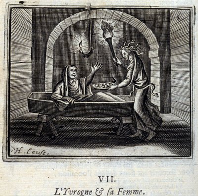醉汉和他的妻子Jean de La Fontaine (1621-95)的寓言。插图：François Chauveau（1613-1676）。1728年的版本。 作者 弗朗索瓦·夏维
