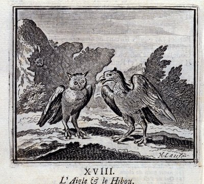 鹰与猫头鹰》。Jean de La Fontaine (1621-95)的寓言。插图：François Chauveau（1613-1676）。1728年的版本。 作者 弗朗索瓦·夏维