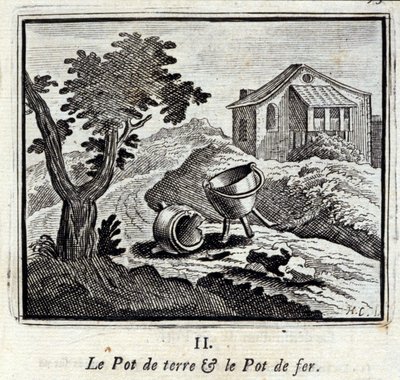 土锅和铁锅。Jean de La Fontaine (1621-95)的寓言。插图：François Chauveau（1613-1676）。1728年的版本。 作者 弗朗索瓦·夏维
