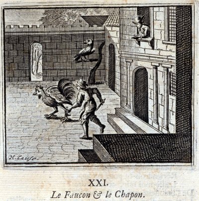 猎鹰和卡彭》。Jean de La Fontaine (1621-95)的寓言。插图：François Chauveau（1613-1676）。1728年的版本。 作者 弗朗索瓦·夏维
