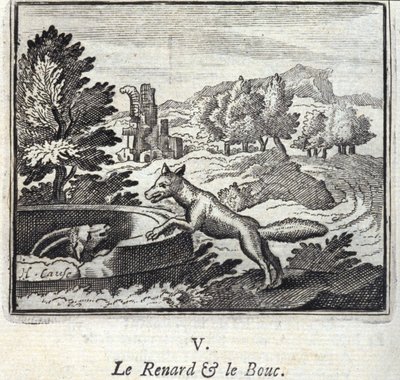狐狸和布克。让-德-拉封丹（1621-95）的寓言。插图由弗朗索瓦-肖沃（1613-1676）绘制。1728年的版本。 作者 弗朗索瓦·夏维