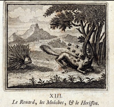 狐狸、苍蝇和希里森。Jean de La Fontaine (1621-95)的寓言。插图由François Chauveau（1613-1676）绘制。1728年的版本。 作者 弗朗索瓦·夏维