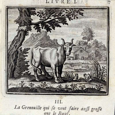 想和牛肉一样大的青蛙。Jean de La Fontaine (1621-95)的寓言。插图：弗朗索瓦-肖沃（1613-1676）。1728年的版本。 作者 弗朗索瓦·夏维