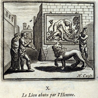 狮子被人击倒。Jean de La Fontaine (1621-95)的寓言。插图：François Chauveau（1613-1676）。1728年的版本。 作者 弗朗索瓦·夏维