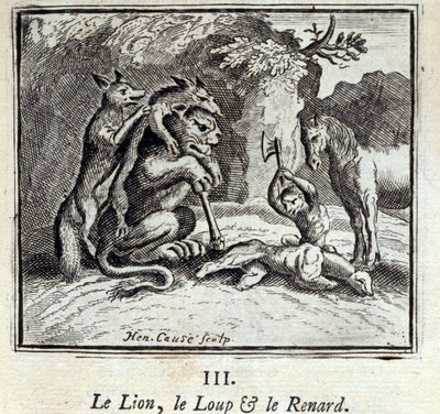 狮子、狼和狐狸。Jean de La Fontaine (1621-95)的寓言。插图：François Chauveau（1613-1676）。1728年的版本。 作者 弗朗索瓦·夏维