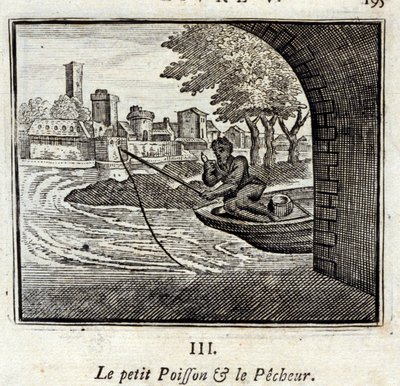 小鱼和渔夫》。Jean de La Fontaine (1621-95)的寓言。插图：François Chauveau（1613-1676）。1728年的版本。 作者 弗朗索瓦·夏维