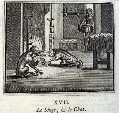 猴子和猫》。Jean de La Fontaine (1621-95)的寓言。插图：François Chauveau（1613-1676）。1728年的版本。 作者 弗朗索瓦·夏维
