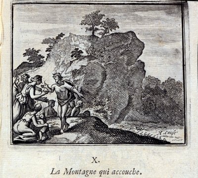 山上生孩子。Jean de La Fontaine (1621-95)的寓言。插图：François Chauveau（1613-1676）。1728年的版本。 作者 弗朗索瓦·夏维