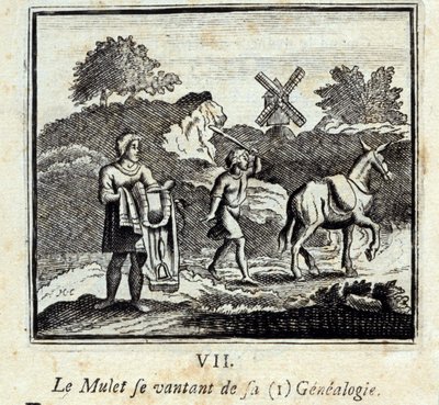 吹嘘自己家谱的木鱼。Jean de La Fontaine (1621-95)的寓言。插图由François Chauveau（1613-1676）绘制。1728年的版本。 作者 弗朗索瓦·夏维