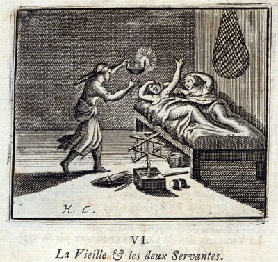 老太太和两个仆人。Jean de La Fontaine (1621-95)的寓言。插图：François Chauveau（1613-1676）。1728年的版本。 作者 弗朗索瓦·夏维