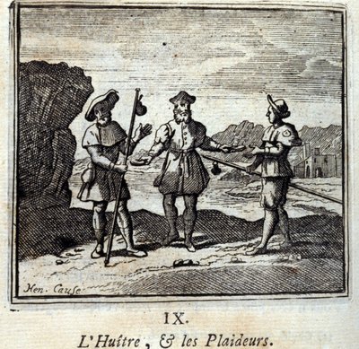 牡蛎和诉讼者。Jean de La Fontaine (1621-95)的寓言。插图：François Chauveau（1613-1676）。1728年的版本。 作者 弗朗索瓦·夏维