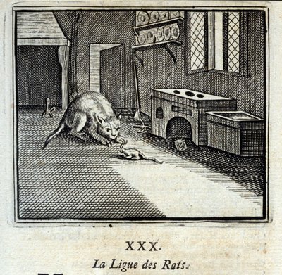 老鼠联盟》。Jean de La Fontaine (1621-95)的寓言。插图：François Chauveau（1613-1676）。1728年的版本。 作者 弗朗索瓦·夏维