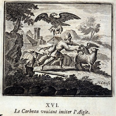 想模仿老鹰的乌鸦。Jean de La Fontaine (1621-95)的寓言。插图：弗朗索瓦-肖沃（1613-1676）。1728年的版本。 作者 弗朗索瓦·夏维