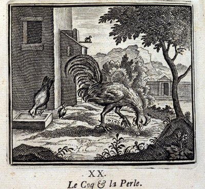公鸡与珍珠》。Jean de La Fontaine (1621-95)的寓言。插图：François Chauveau（1613-1676）。1728年的版本。 作者 弗朗索瓦·夏维