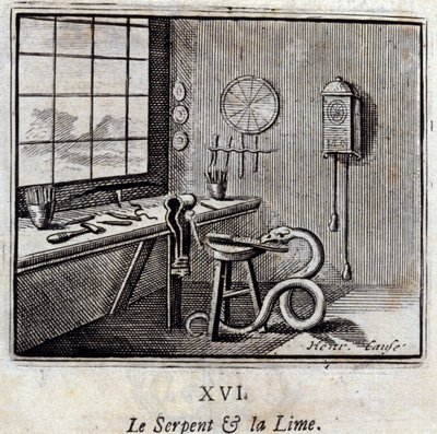蛇和石灰。让-德-拉封丹（1621-95）的寓言。插图：François Chauveau（1613-1676）。1728年的版本。 作者 弗朗索瓦·夏维