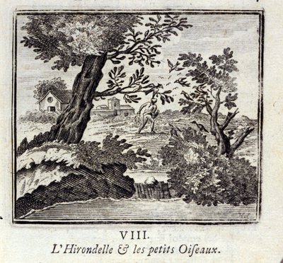 燕子和小鸟。Jean de La Fontaine (1621-95)的寓言。插图：François Chauveau（1613-1676）。1728年的版本。 作者 弗朗索瓦·夏维