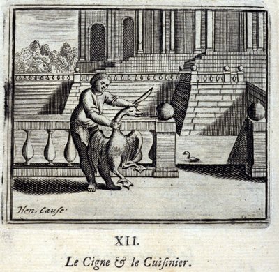 天鹅和厨师》。Jean de La Fontaine (1621-95)的寓言。插图由François Chauveau（1613-1676）绘制。1728年的版本。 作者 弗朗索瓦·夏维