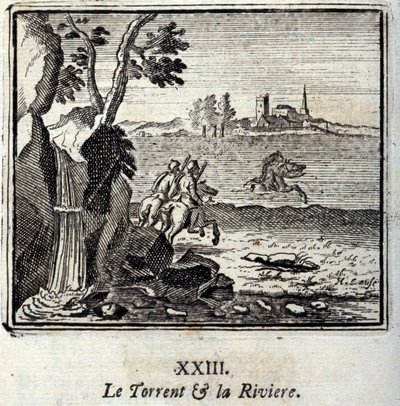 湍流与河流。Jean de La Fontaine (1621-95)的寓言。插图：François Chauveau（1613-1676）。1728年的版本。 作者 弗朗索瓦·夏维