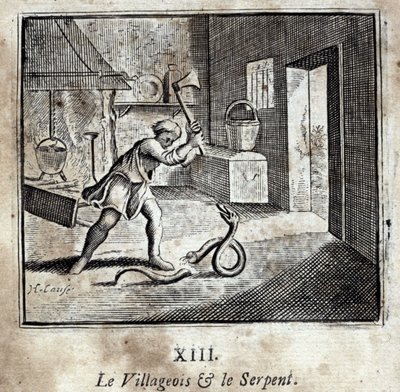 村民和蛇》。Jean de La Fontaine (1621-95)的寓言。插图：François Chauveau（1613-1676）。1728年的版本。 作者 弗朗索瓦·夏维