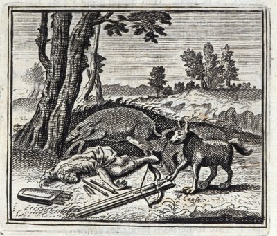 狼与猎人》。Jean de La Fontaine (1621-95)的寓言。插图：弗朗索瓦-肖沃（1613-1676）。1728年的版本。 作者 弗朗索瓦·夏维