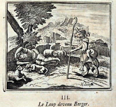狼变成了伯杰。让-德-拉封丹（1621-95）的寓言。插图由弗朗索瓦-肖沃（1613-1676）绘制。1728年的版本。 作者 弗朗索瓦·夏维