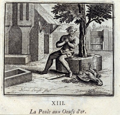 有金蛋的鸡Jean de La Fontaine (1621-95)的寓言。插图：François Chauveau（1613-1676）。1728年的版本。 作者 弗朗索瓦·夏维