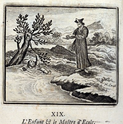 孩子和学校的主人。Jean de La Fontaine (1621-95)的寓言。插图：François Chauveau（1613-1676）。1728年的版本。 作者 弗朗索瓦·夏维