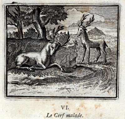 生病的小鹿Jean de La Fontaine (1621-95)的寓言。插图：François Chauveau（1613-1676）。1728年的版本。 作者 弗朗索瓦·夏维