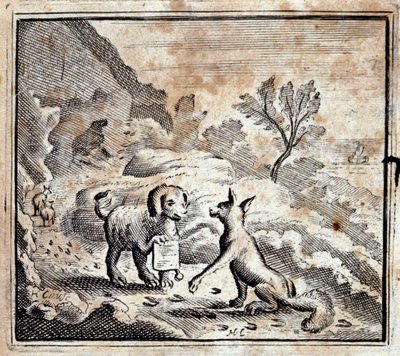 病狮和狐狸。Jean de La Fontaine (1621-95)的寓言。插图：弗朗索瓦-肖沃（1613-1676）。1728年的版本。 作者 弗朗索瓦·夏维